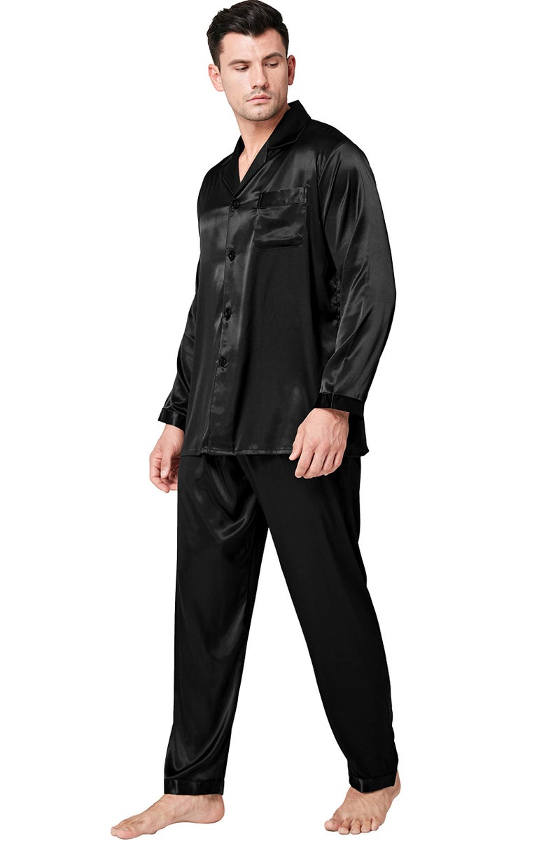 Lonxu طقم بيجامة حرير ساتان للرجال 3XL أسود داكن - Image 2